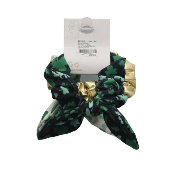 Claire St Patricks Day Hair Scrunchies 3 Pack Shamrocks Gold Lame - Picture 2 of 3